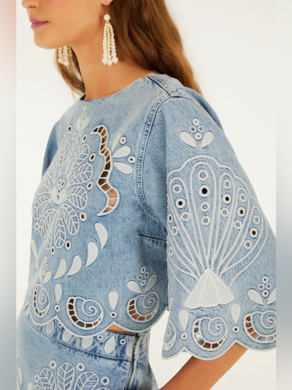 Farm Rio Denim Richelieu Kimono Sleeves Cropped Blouse M